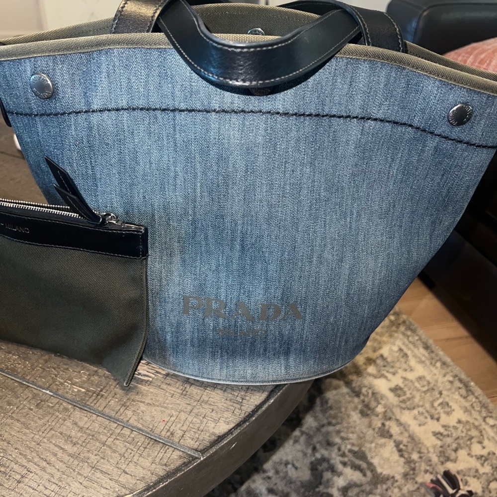 Authentic Prada Denim Tote with army green detail/black leather, 2 way bag!😍